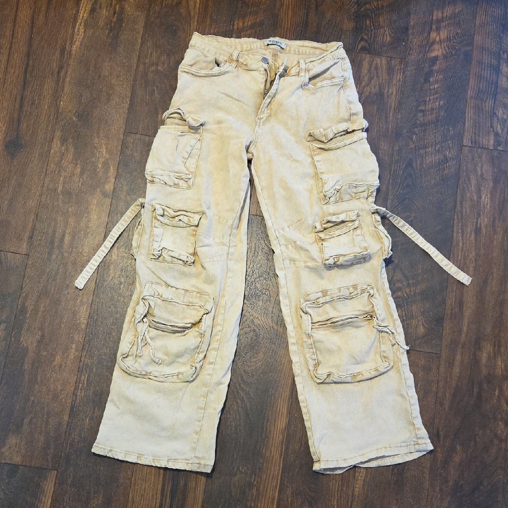 Beige/Tan Cargo Utility Pants with Multiple Pockets